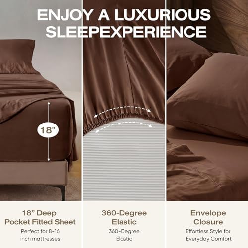100% Pure Linen Blend 4 Piece Sheet Set, Cooling and Breathable Flax Bed Sheets for Hot Sleepers, All Season Comfort, Anti-Tear and Durable Bedding, 18 Inch Deep Pocket(Chocolate Brown,Queen)