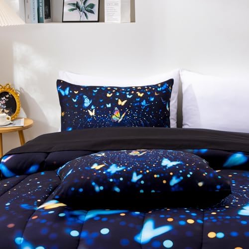 A Nice Night Butterfly 3D Kids Bedding Comforter Set，BlackBlue，Queen