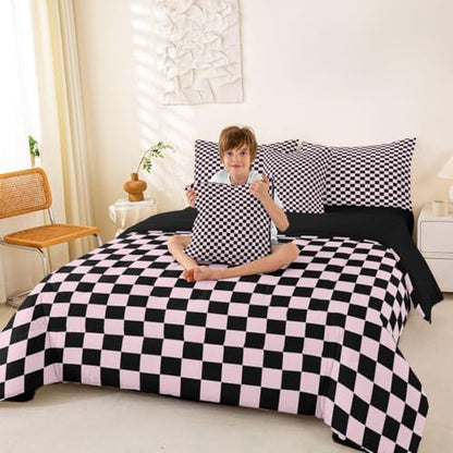 jejeloiu Pink Black Plaid Comforter Set with Sheets 7 Piece Queen Size Checkered Classic Bedding Set for Kids Boys Girls Grid Geometric Bed in a Bag Room Decor Soft Lightweight Microfiber