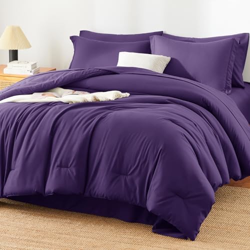 HIMEET Queen Comforter Set, 7-Piece Point-Quilted Bed in a Bag Purple