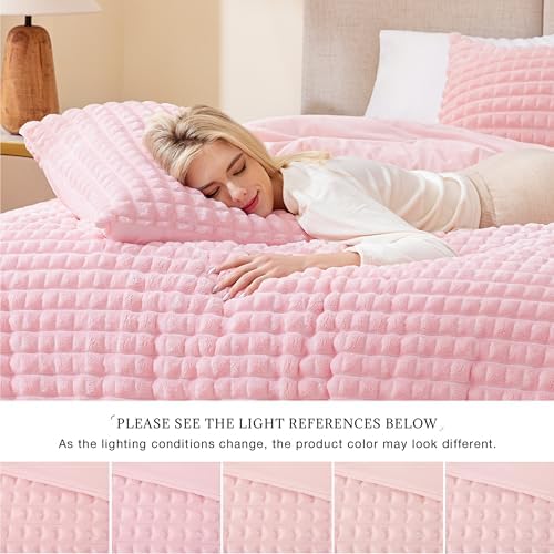 EXQ Home Fluffy Comforter Set Queen Size - Super Soft Faux Fur 3D Grid Jacquard Comforter 3 Pieces, Pink Fleece Bedding Set,Winter Warm Bed Set,1 Comforter with 2 Pillowcases
