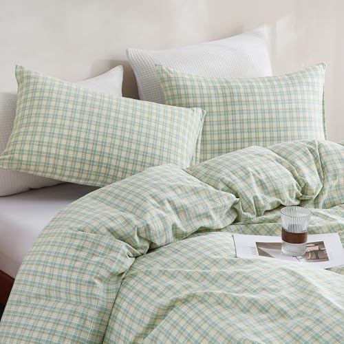 TOCOMOA Plaid Duvet Cover Set 100% Washed Cotton Like Linen, Queen