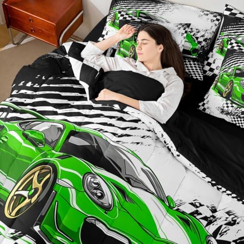 jejeloiu Green Race Car Comforter Set with Sheets Queen Size for Kids Boys Girls Checkerboard Racing Flag 7 Pieces Bedding Set Cartoon Bed in a Bag Bedroom Decor Soft Lightweight Microfiber