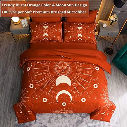Celestial Bdding 7 Pieces Burnt Orange Comforter Set Boho Bedding Witchy Bedding Set Hippie Bed Set Starry Galaxy Comforter Set Queen Sun and Moon Bed Set Full