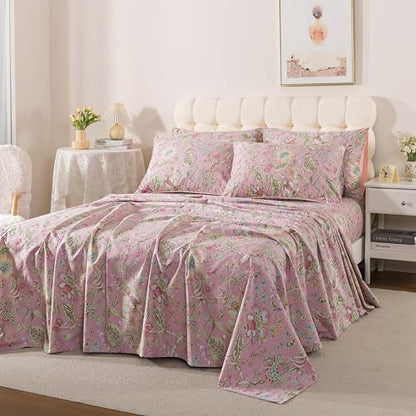 FADFAY Queen Sheet Set 4Pcs 100% Egyptian Cotton Sheets Deep Pocket Soft Breathable Vintage Misty Pink French Country Bedding Shabby Cottagecore Floral Bedding Luxury Hotel Quality for All Seasons