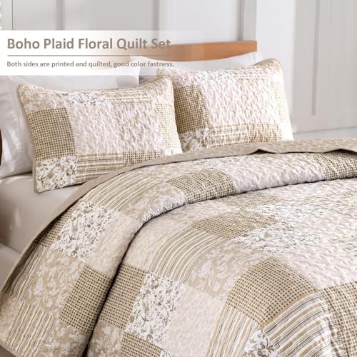 Mybedsoul Beige Boho Quilt Set Full Size, Patchwork Quilt Bedding Set