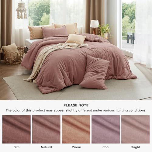 Bedsure PureWoven Cotton Comforter Set Prewashed, Queen, Pink Clay