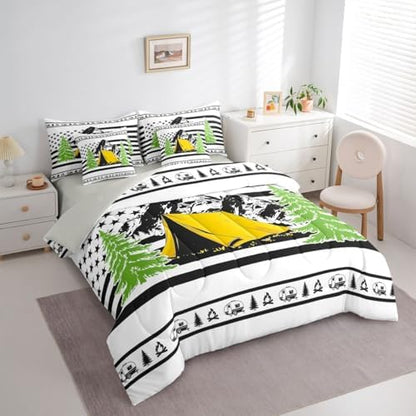Erosebridal Happy Camping 7-Piece Bedding Set Twin Size Rv Camper Boys Bed in A Bag Pine Tree Camping Car Comforter Set with Sheets for Kids Teens Men Bedroom Rustic Farmhouse Bed Sets, Black White