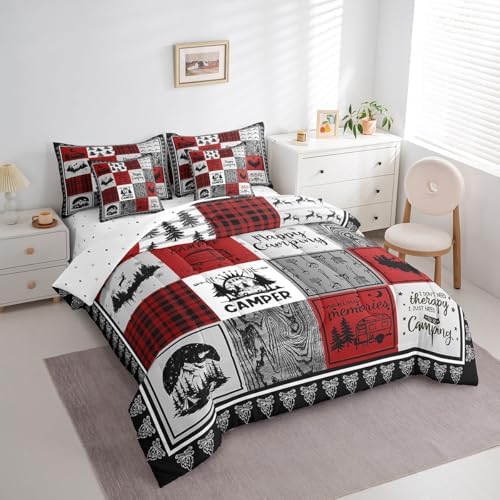 Erosebridal 7 Piece Happy Camping Bedding Set Twin for Kids Adults,Rv Camper Comforter Set for Bunk Travel Trailers,Red Black Buffalo Plaid Bed in a Bag with Sheets,Rustic Cabin Patchwork Bed Set