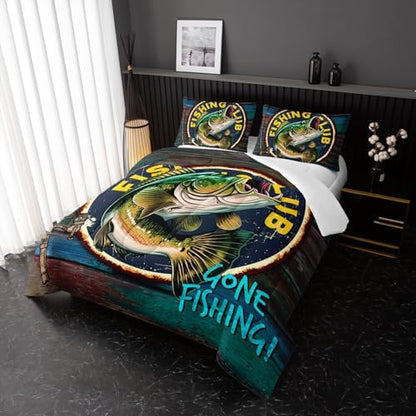 Nttopship Big Pike Fish Bedding, Bass Fishing Comforter Set Hunting and Fishing Themed Comforter Set for Kids Boys Room Decor, Twin Bed in a Bag for Teens with 2 Pillowcases