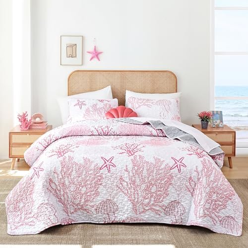 weigelia Coastal Quilt Queen Size, Pink Coral Lightweight Summer Bedding