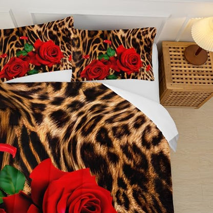 Red Rose and Leopard Print Comforter Set King (1 Comforter,2 Pillowcases),Rose Flower Cheetah Pattern Bedding Set for Boys Girls,Soft Microfiber Floral Quilt Set,Bedroom Decor,All Season