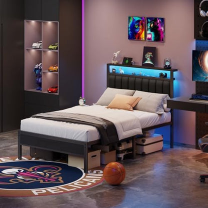 Furnulem Full Size Bed Frame with Charging Station and LED Lights