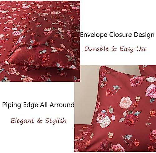 FADFAY Red Rose Sheets Set Queen Vintage Rose Floral Bedding Chic Rose Flower Bed Sheets Shabby Farmhouse Bedding 100% Egyptian Cotton 800 Thread Count Deep Pocket Fitted Sheet 4Pcs, Queen Size