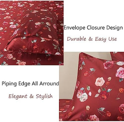 FADFAY Red Rose Sheets Set Queen Vintage Rose Floral Bedding Chic Rose Flower Bed Sheets Shabby Farmhouse Bedding 100% Egyptian Cotton 800 Thread Count Deep Pocket Fitted Sheet 4Pcs, Queen Size