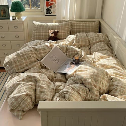mixinni Twin XL Size Duvet Cover Set - 3 Piece Washed Cotton Vintage Geometric Plaid Bedding Set with Zipper Closure, Soft & Breathable Green Pink White Buffalo Check Pattern for All Seasons