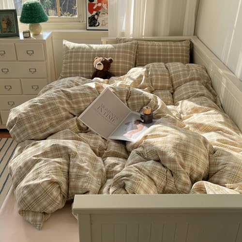 mixinni Twin Size Duvet Cover Set - 3 Piece Washed Cotton Vintage Geometric Plaid Bedding Set with Zipper Closure, Soft & Breathable Green Pink White Buffalo Check Pattern for All Seasons