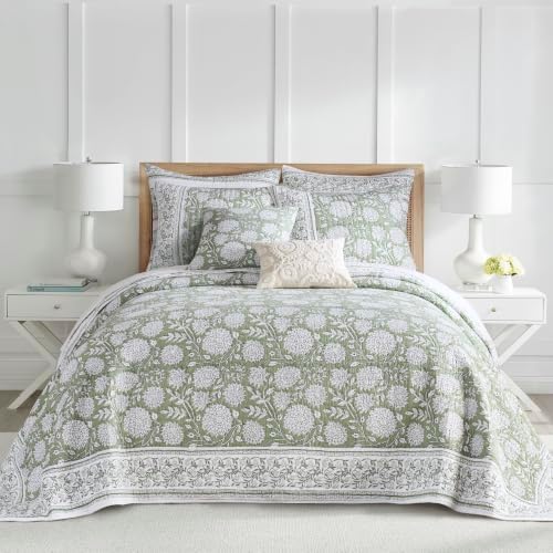 Levtex Home – Adare Sage Bedspread Set – Queen Bedspread (110x106in.) and 2 Standard Shams (20x26in.) – Floral Botanical Design – Sage and White – Reversible – Cotton