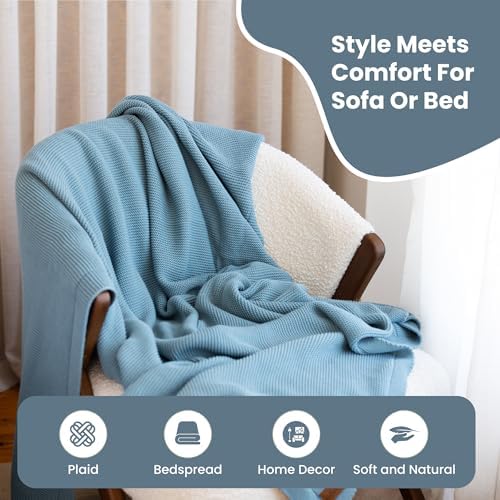 Dalisa Alina GOTS Organic Cotton Throw Blanket, Smoke Blue, 80x90 in