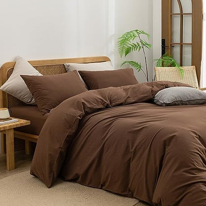 BESTOUCH Cotton Solid Duvet Cover Set Linen Feel Cocoa Brown Super King