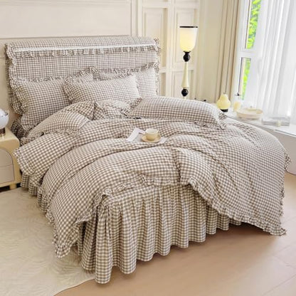 LifeTB Tan Gingham Comforter Set King Vintage Ruffle Beige Taupe Plaid Comforter Set 3 Pieces Soft Fluffy Grid Checkered Pattern Comforter with 2 Pillowcases Farmhouse Gingham Plaid Bedding Set