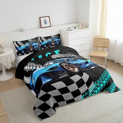 Erosebridal Toddler Race Car Bed for Boys,Black and White Buffalo Plaid Comforter Set Toddler Bedding Sets for Boys,Square Grid Lattice Quilt,Blue Extreme Sports Car Duvet Insert King Size