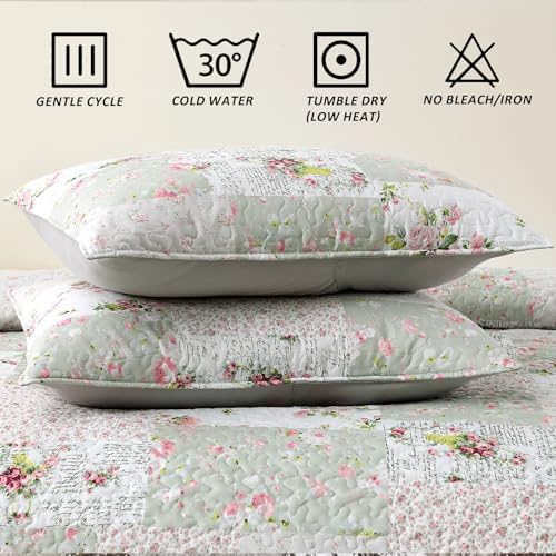 HIARUO Quilt Set Queen Size 3 Pieces Floral Patchwork Comforter Bedspread Boho Plaid Coverlet Reversible Lightweight Farmhouse Bedding with 2 Pillow Covers Shams for All Season, Green Pink