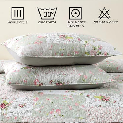 HIARUO Quilt Set Queen Size 3 Pieces Floral Patchwork Comforter Bedspread Boho Plaid Coverlet Reversible Lightweight Farmhouse Bedding with 2 Pillow Covers Shams for All Season, Green Pink