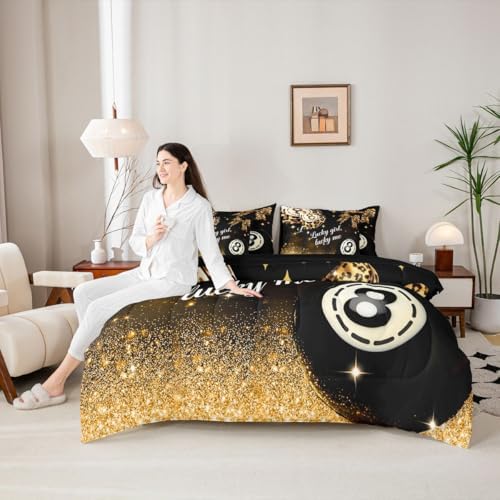 Erosebridal Brown Leopard Bow 7 Piece Bedding Set Twin Size,Y2K Lucky 8 Ball Comforter Set Fashion Cheetah Print Bowknot Bed in A Bag with Sheets Preppy Room Decor,Black Gold Trendy Luxurious Bed Set