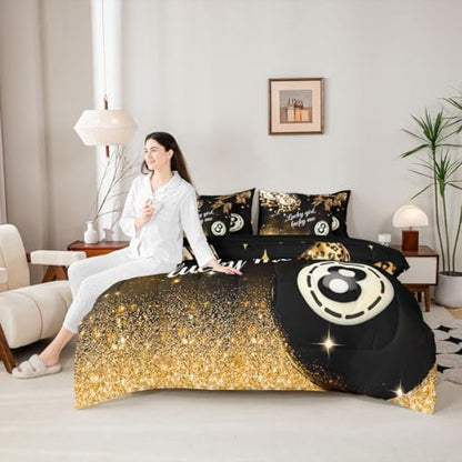 Erosebridal Brown Leopard Bow 7 Piece Bedding Set Twin Size,Y2K Lucky 8 Ball Comforter Set Fashion Cheetah Print Bowknot Bed in A Bag with Sheets Preppy Room Decor,Black Gold Trendy Luxurious Bed Set