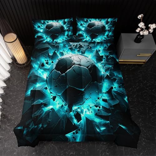Nttopship Soccer Bedding Comforter Set King Size for Kids Teens and Adults, Turquoise Black Football Printed Bedding Sets 3 PCS,Ball Sports Themed Bedroom Decor with 1 Comforter and 2 Pillowcases
