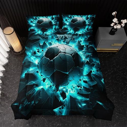 Nttopship Soccer Bedding Comforter Set Twin Size for Kids Teens and Adults, Turquoise Black Football Printed Bedding Sets 3 PCS,Ball Sports Themed Bedroom Decor with 1 Comforter and 2 Pillowcases