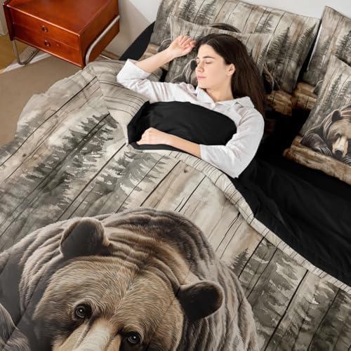 Erosebridal 7 Pcs Grizzly Bear Bedding Set Full Hunting Wild Animal Comforter Set Rustic Farmhouse Cabin Bed in a Bag Western Country Quilt with Flat Fitted Sheet Vintage Forest Wildlife Room Decor