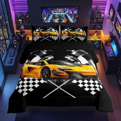 Yellow Race Car Comforter Set Queen Size, Black and White Grid Quilt Set Extreme Sport Games Bedding Comforters 3pcs for Kids Teens Boys Room Decor,Soft Modern Duvet Set with 2 Pillowcases