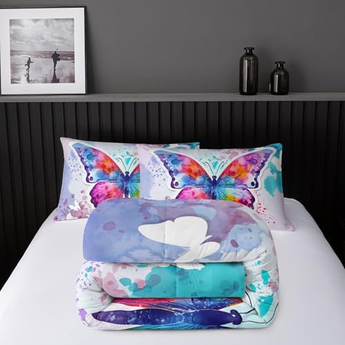 Nttopship Colorful Butterfly Comforter Set, 3-Piece Full Size for Girls Teens, Purple Blue Butterfly, Full Bedding Set, 1 Comforter + 2 Pillowcases