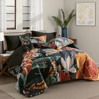 Tyrot Black Boho Floral King Comforter Set - 3 Piece Vintage Botanical Bedding Comforter Sets for All Season Soft Lightweight Mid Century Modern Bed Set, (1 Reversible Comforter and 2 Pillow Shams
