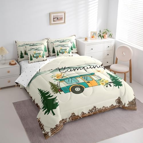 Erosebridal Camping Themed Comforter Set Queen Size,Travel RV Bedding Set for Kids Teens,Vintage Watercolor (Comforter+Fitted+Flat Sheet+2 Pillowcases+2 Throw Pillow Covers) 7 Pieces Bed Set