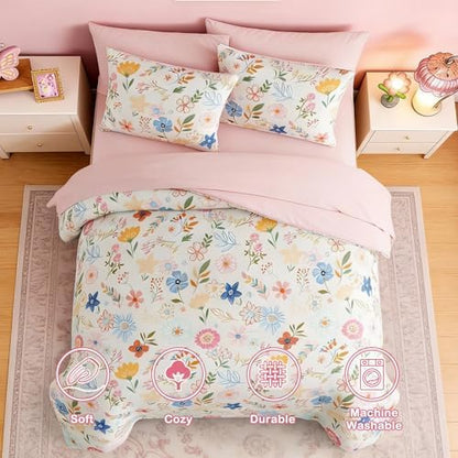 Twin Comforter Set for Girls - 5 Pieces Pastel Floral Twin Bedding Sets