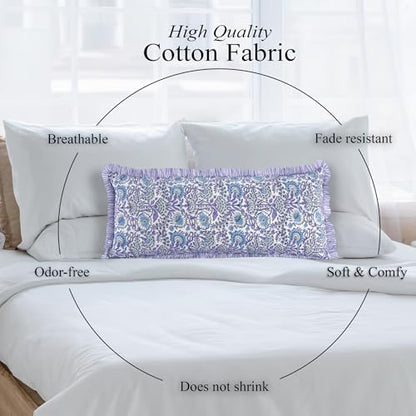 CPC Block Print Indigo Blue Ruffle Cotton Lumbar Pillow Cover 14x36 inch