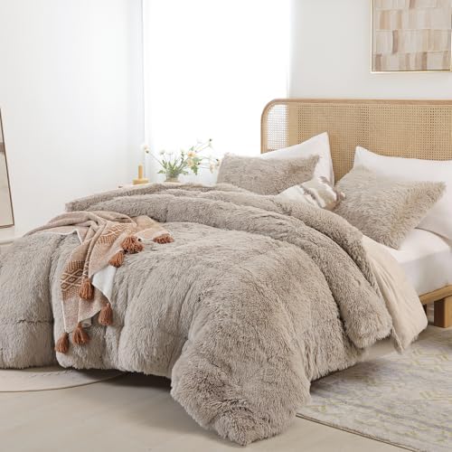 Smoofy Fluffy King Size Comforter Set, Oatmeal Faux Fur Comforter Set 3 Pcs