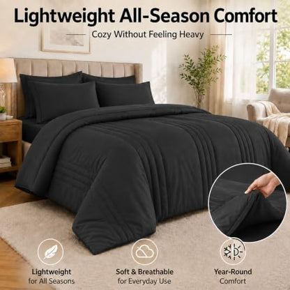 Queen Comforter Set with Sheets, 7-Piece Bed in a Bag Queen Black