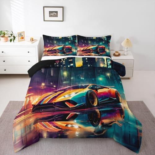 Erosebridal Racing Sports Car Queen Comforter Set for Kids Teens Adults,Cool Speed Car Bedding Set,Extreme Sport Games Duvet Insert,City Night Scene Bed Set for All Season