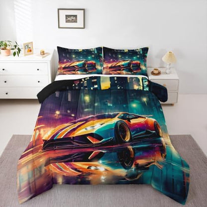 Erosebridal Racing Sports Car Queen Comforter Set for Kids Teens Adults,Cool Speed Car Bedding Set,Extreme Sport Games Duvet Insert,City Night Scene Bed Set for All Season