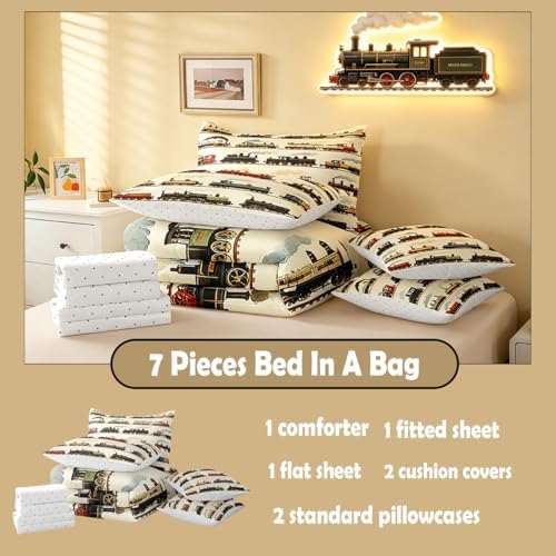 Feelyou Vintage Train Comforter Set Twin Size 7 Pcs Bedding Set Boys Girls