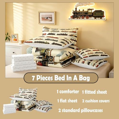 Feelyou Vintage Train Comforter Set Twin Size 7 Pcs Bedding Set Boys Girls