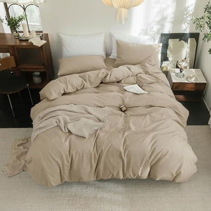 FOSSA Duvet Cover Set 100% Washed Cotton Linen Feel Queen