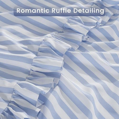 ROSE&RISY King Ruffle Sheet Set 4 Piece - Linen Grey Stripe Soft Lightweight Microfiber Bedding with Deep Pocket, Breathable Ruffled Flat Sheet & Pillowcases (Linen Grey Stripe Ruffle,King)