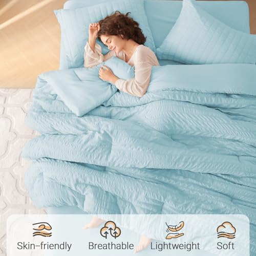 MUXHOMO 7 Pieces Oversized Queen Comforter Set, Seersucker Bed in a Bag Oversized Queen Size, All Season Luxury Bedding Set with Comforter, Flat Sheet, Fitted Sheet, Pillowcases & Shams, Lake Blue