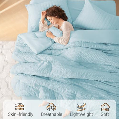 MUXHOMO 7 Pieces Oversized Queen Comforter Set, Seersucker Bed in a Bag Oversized Queen Size, All Season Luxury Bedding Set with Comforter, Flat Sheet, Fitted Sheet, Pillowcases & Shams, Lake Blue