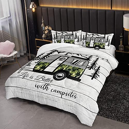 HOSIMA Happy Camping Decor Comforter Set,Camouflage Camper Bedding Queen Size for Kids Teen Girls Boys Room Decor,Camper Accessories for Travel Trailers Themed Bedding with 2 Pillowcases.